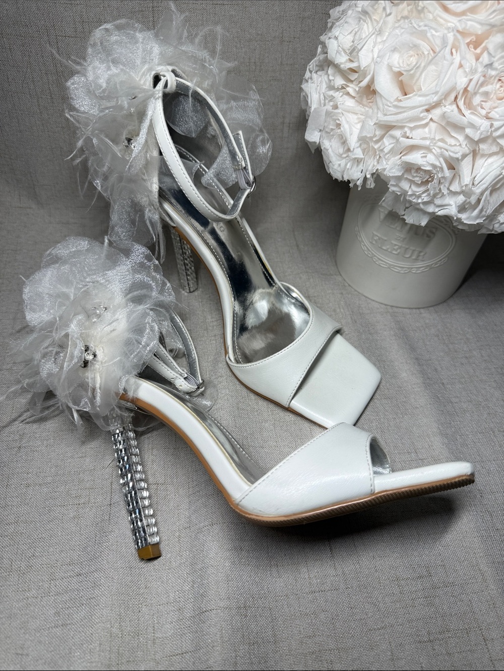 Azalea Wang White Organza and Crystal Heel Sandal